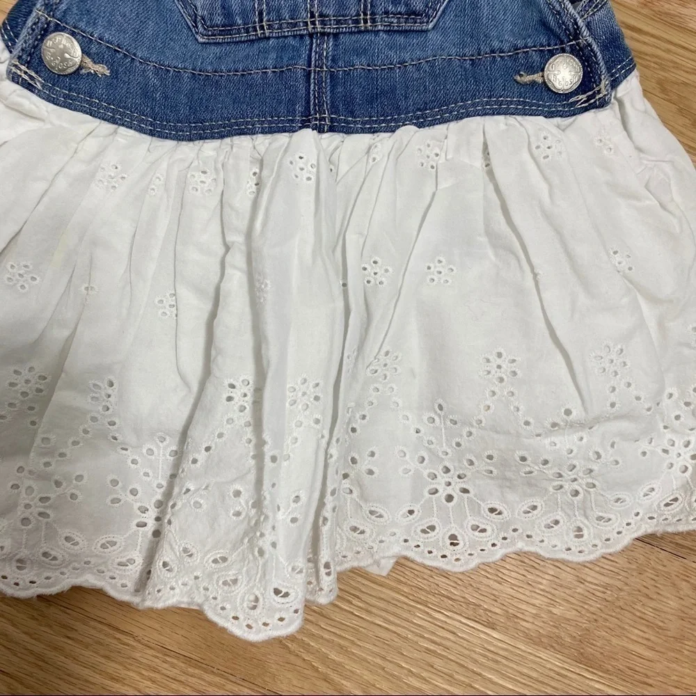OshKosh Eyelet Denim Overall Dress Sz 2T White Dressall Jean White Lace Girls